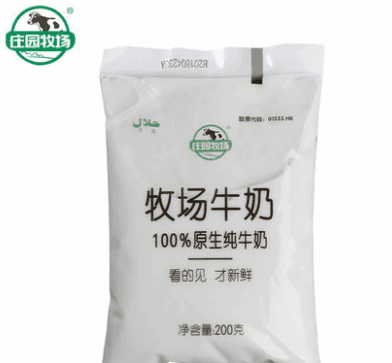 庄园牧场透明袋纯牛奶200g*16袋